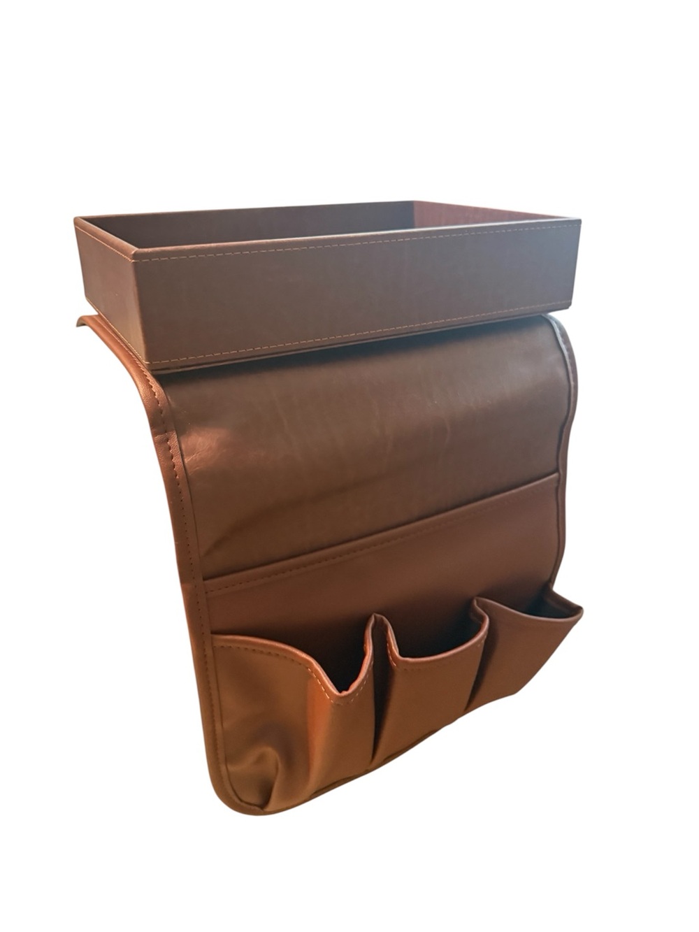 Brown PU Leather Couch Arm Organizer with Tray & 3 Pockets
